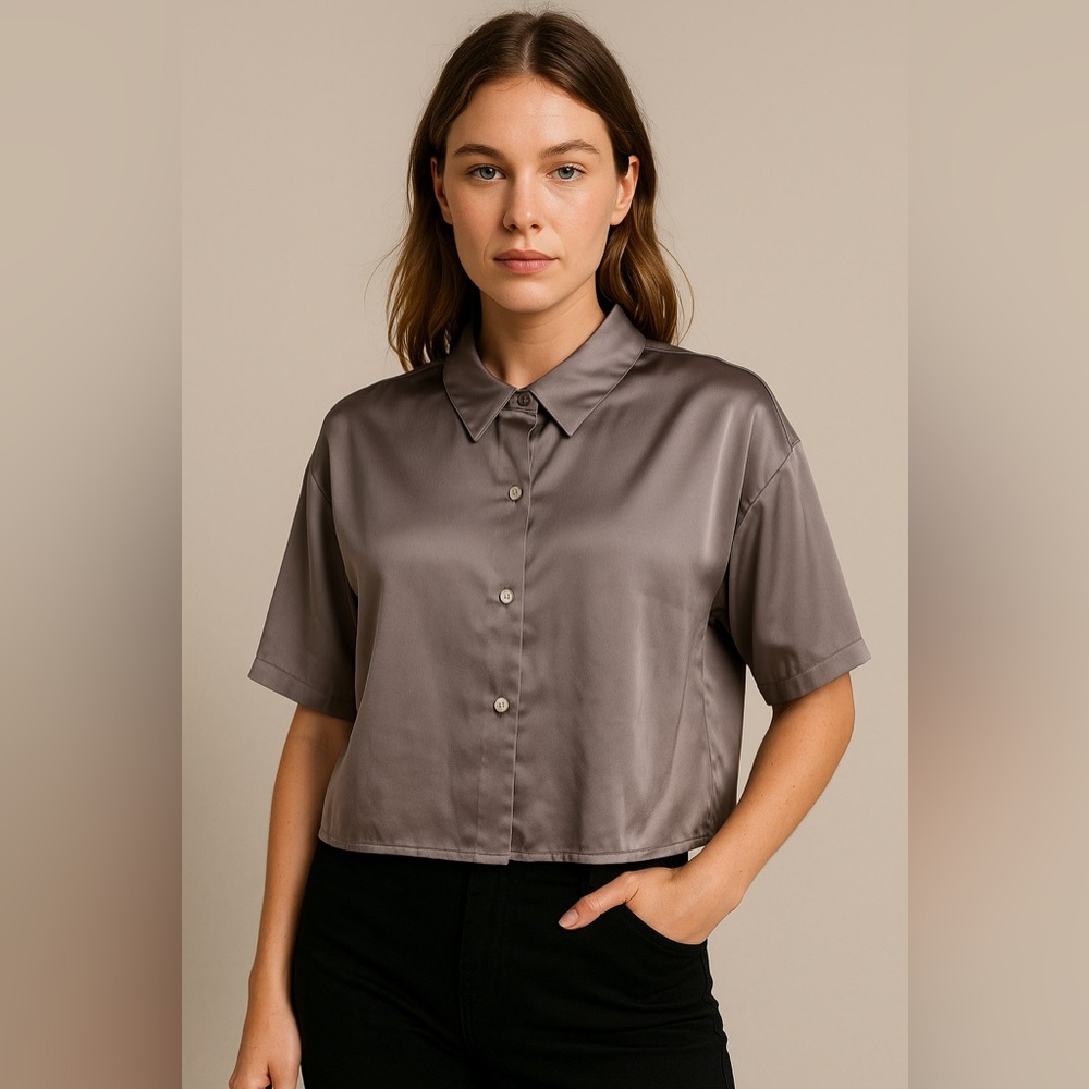 Abercrombie & Fitch Womens Gray Satin Button-Down Blouse Short Sleeve Size L